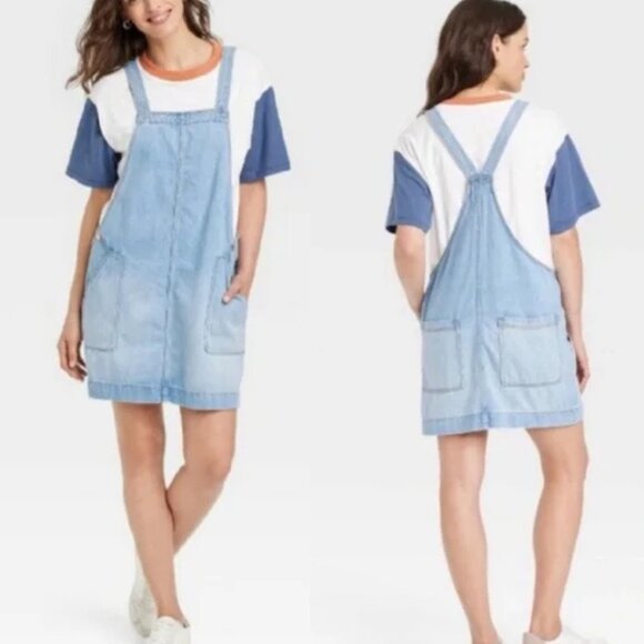 Universal Thread Denim Jumper Mini Overall Dress Sz M Pockets - Picture 1 of 14